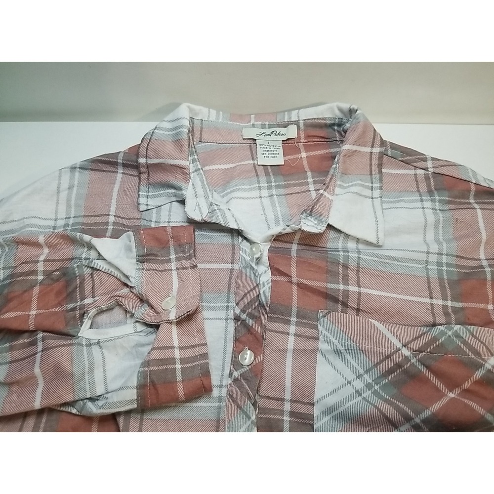 Love Potion Flannel Plaid Womens Large 3/4 Sleeve Roll Tab Button Up Shirt